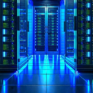 Server Rack With Blue Light Glow With Large Blue