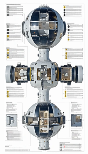 A Large, Three-dimensional Diagram Of A Space Station Is Displayed On A White Background