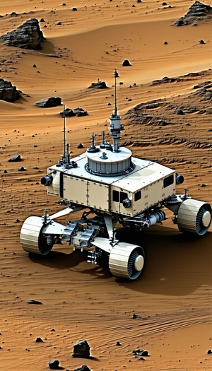 A White And Grey Robotic Vehicle, Possibly A Rover, Sitting On A Dirt Surface