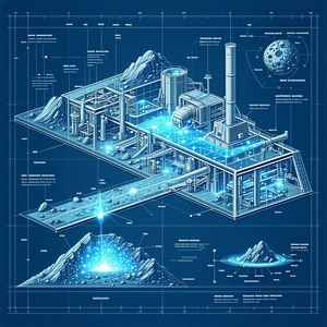 A Blue And White Drawing Of A Factory Is Displayed