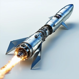 A Rocket Is Shown In A Close-up View, With Its Engine Lit Up