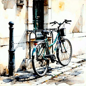 Urban Gouache Painting: City Bicycle Sharing In Historic Quarter With Bicycle Parked