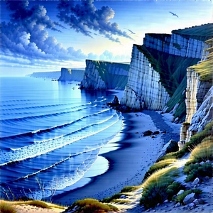 Nature Watercolor Painting: Coastal Cliff During Blue Hour With Beautiful Coastal