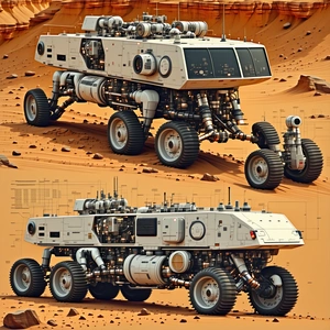 A White Robot Is Sitting On A Rocky Surface, With A Red Background