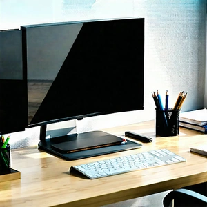 Business Technical Illustration: Workplace with productivity tools on desk