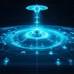 In The Image, There Is A Futuristic City With A Large, Blue, Circular Structure In The Center