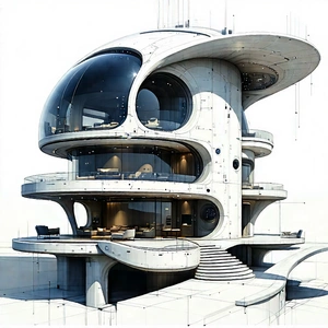 Tech Etching: (futuristic:1.45) Smart Home With Large, Modern