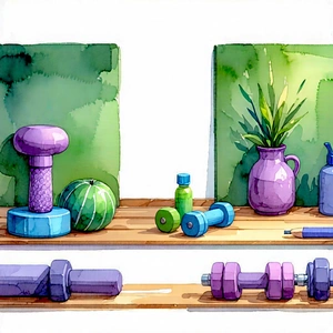 Lifestyle Watercolor Painting: Wellness Scene With Fitness Equipment With Wooden Shelf