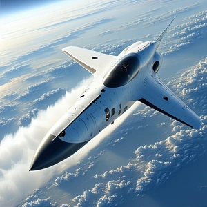 A White Jet Is Flying Through The Sky, With A Blue Background