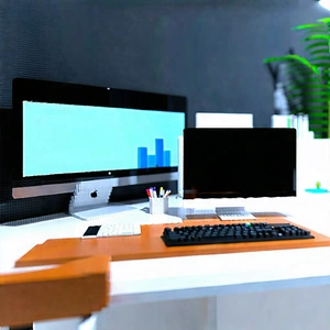 Business Voxel Art: Workplace With Digital (devices:1.18) On Desk With Computer-generated (cgi)