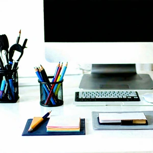 Business Geometric Design: Workplace With Modern Office Supplies On Desk With Desk Laptop