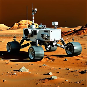 A White Robotic Vehicle, Possibly A Rover, Driving Across A Rocky Terrain