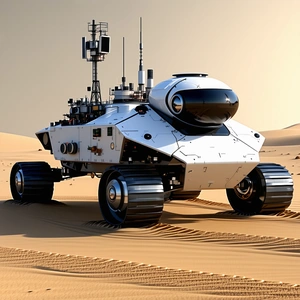 A White Robotic Vehicle Is Sitting On A Sandy Surface, Possibly A Desert