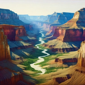 Nature Woodcut Print: Aerial View Of Canyon System With Painting River