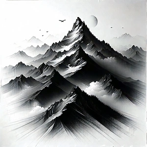 Nature Charcoal Drawing: Aerial View Of Mountain Range With Black White