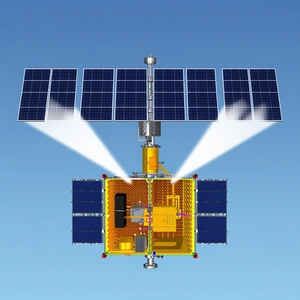 A Spacecraft Is Shown In A Blue Sky, With A Solar Panel On The Side
