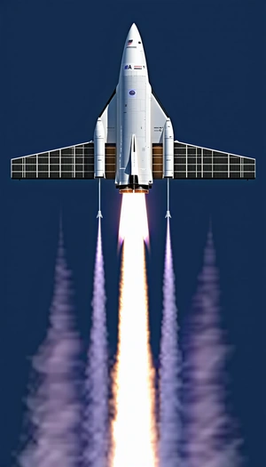 A Space Shuttle Is Flying Through The Sky, Leaving A Trail Of Smoke Behind It