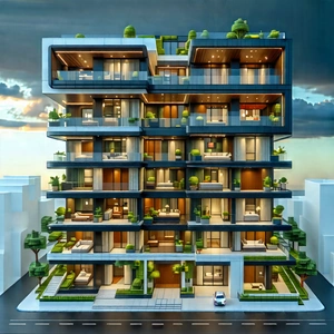 Urban Isometric Design: (modern:1.36) Apartment Complex With Dramatic Lighting With Model Large,