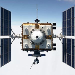 A Large Spacecraft With A White And Gold Color Scheme