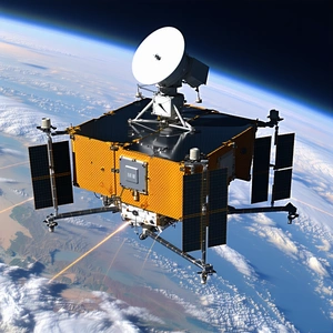A Spacecraft Is Flying Through The Sky, With A Large Satellite Dish On The Front