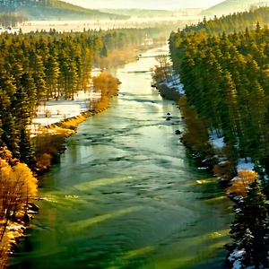 Nature Aerial Photography: Rushing (river:1.24) Surrounded By Snow-covered Trees With Serene River