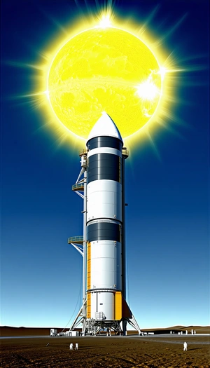 A Rocket Ship With A Large Sun Shining On It