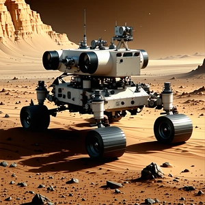 A Robotic Vehicle Is Sitting On A Rocky Surface, Possibly A Desert Or A Rocky Planet