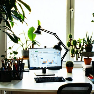Lifestyle Product Photography: Home Office With Plants And Natural Elements With Desk Computer