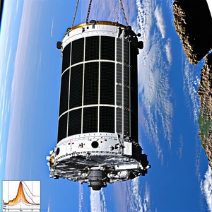 A Large Satellite Being Lifted Into The Sky By A Crane