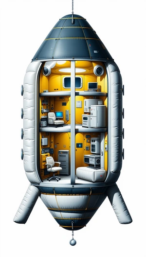 In The Image, There Is A Large, Yellow, Inflatable Spacecraft With A Variety Of Items Inside