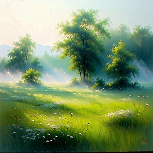 Nature Acrylic Painting: Meadow during foggy morning