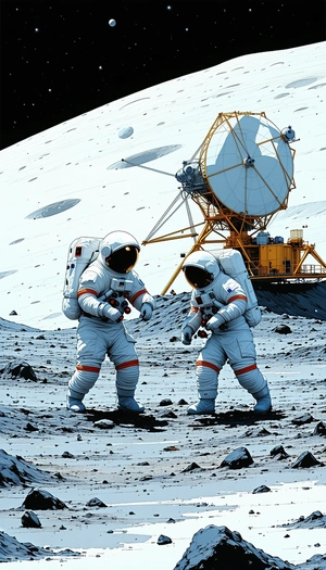 In The Image, There Are Two Astronauts Standing On The Moon, Wearing White Suits