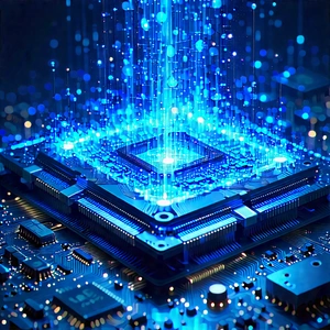 Quantum Computer With Blue Light Glow With Computer Circuit