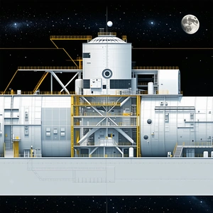 The Image Is A Drawing Of A Large Space Station, With A Prominent Dome Structure In The Center