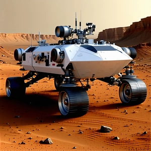 A White Vehicle Is Parked On A Red Dirt Surface, Possibly A Desert