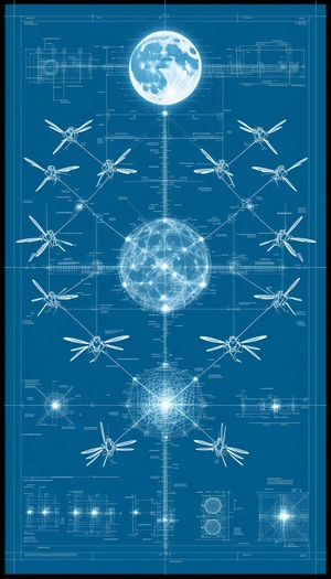 A Blue Poster With A Drawing Of A Sphere And Multiple Wings Is Displayed