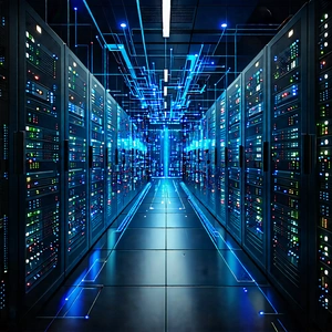 Tech Abstract Design: Server Rack With Data Streams With Image, There
