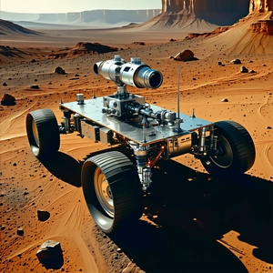 A Futuristic Vehicle, Possibly A Tank Or A Rover, Parked On A Dirt Surface