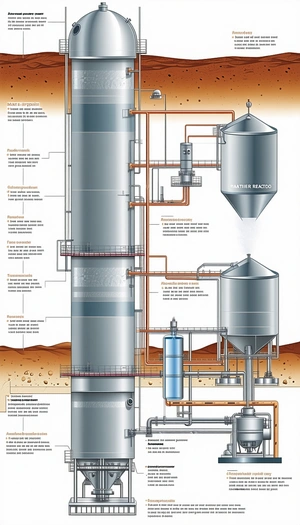The Image Is A Diagram Of A Chemical Plant, Showing The Process Of Creating A Product