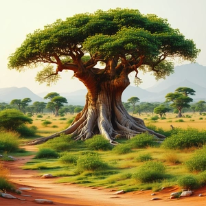Nature Flat Design: Ancient (tree:1.28) In Dry Season With Large Tree