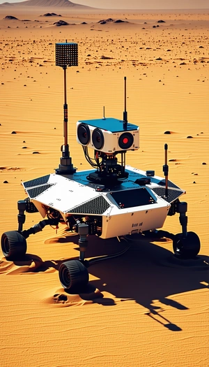 A White Robot With A Blue Top, Sitting In A Desert-like Environment
