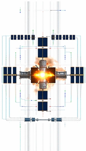 A Spacecraft Is Shown In A Diagram, With A Large Explosion In The Center