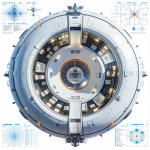 The Image Is A 3d Model Of A Space Station, Showcasing Its Interior And Exterior