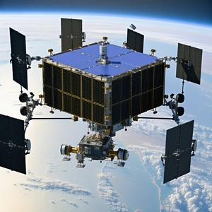 A Spacecraft Is Shown In A Close-up View, With Its Various Components Clearly Visible