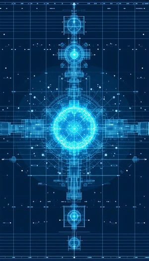 The Image Is A Blue And White Computer Graphic Of A Large, Round