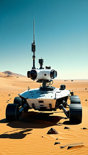 A White Robotic Vehicle With A Large Camera On Top Of It, Sitting In A Desert-like Environment