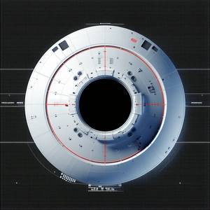 The Image Is A Futuristic Space Station With A Large, Round, Blue And White Dome At The Center