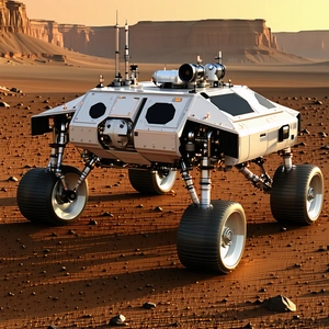 A Futuristic Vehicle, Possibly A Spacecraft Or A Rover, Parked On A Dirt Surface