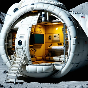 A Large White Spacecraft With A Hatch Open, Revealing A Cozy Interior