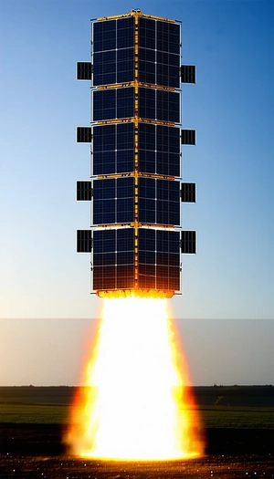 A Rocket Is Seen Blasting Off Into The Sky, With A Bright Orange Flame Trailing Behind It